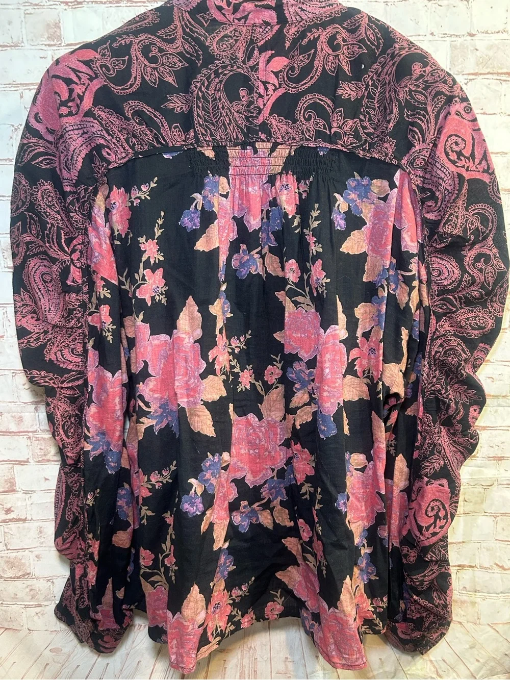 Free People Maraya Paisley Floral Blouse XL Black Multi Boho Balloon Sleeve Top